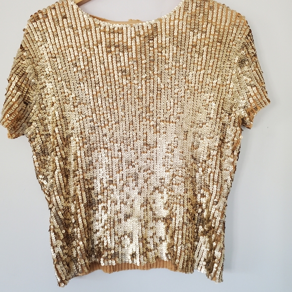 VINTAGE OSCAR DE LA RENTA Sz L Gold Sequin Short Sleeve Sweater Top Zip GLITZY - Picture 13 of 16